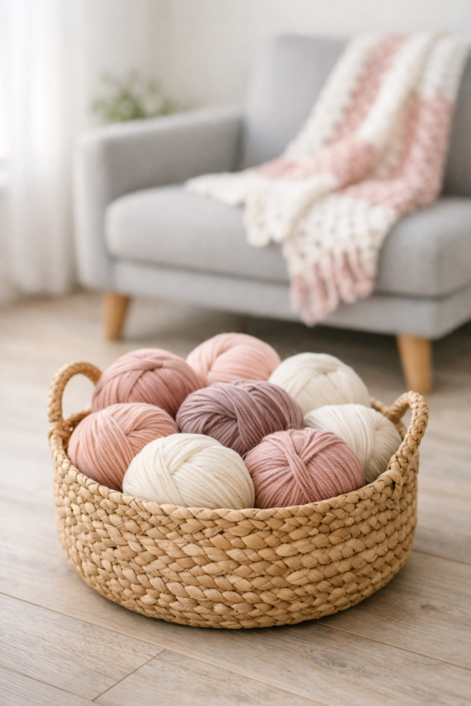 Blush crochet yarn in woven basket