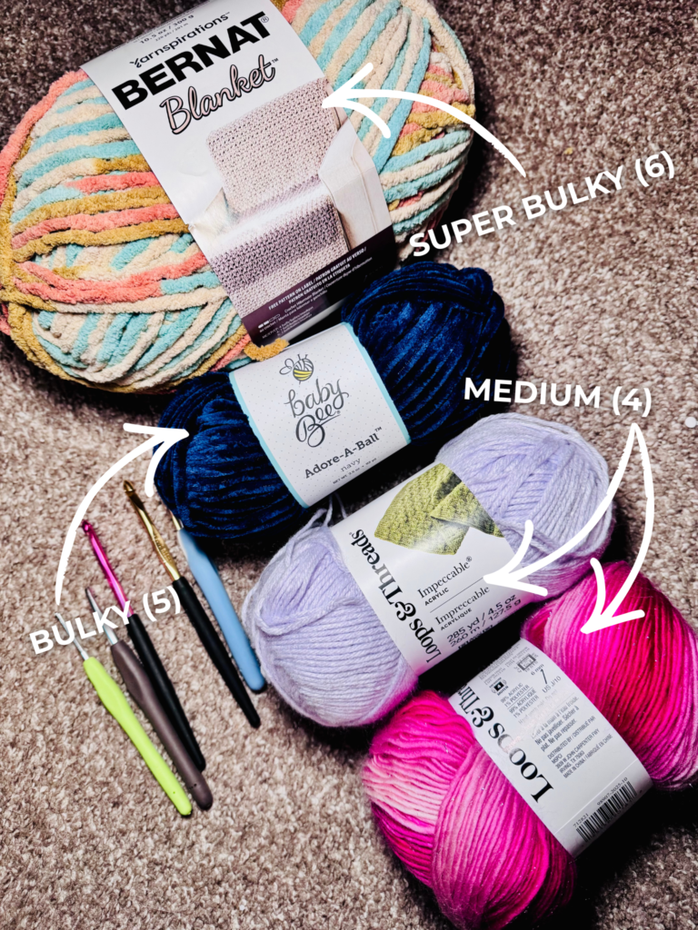 Comparison photo of different crochet yarn weights 