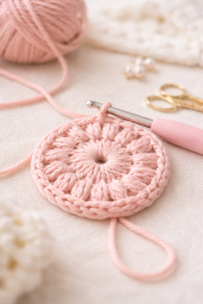 Crochet magic ring in blush pink